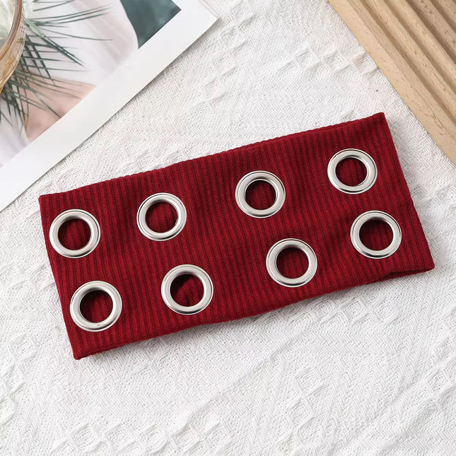 Y2K Punk Grommet Headband for Women & Girls | Wine Red Wide Knitted Band with Silver Metal Hollow Rings | Streetwear Hair Accessory (VT-25)
