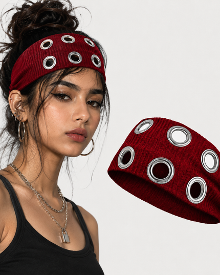 Y2K Punk Grommet Headband for Women & Girls | Wine Red Wide Knitted Band with Silver Metal Hollow Rings | Streetwear Hair Accessory (VT-25)