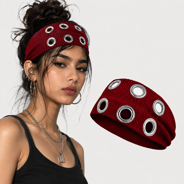 Y2K Punk Grommet Headband for Women & Girls | Wine Red Wide Knitted Band with Silver Metal Hollow Rings | Streetwear Hair Accessory (VT-25)
