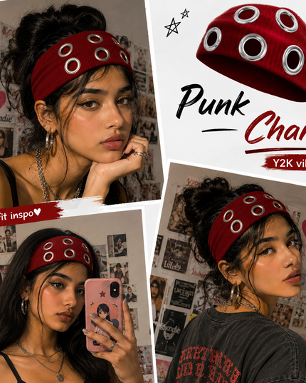 Y2K Punk Grommet Headband for Women & Girls | Wine Red Wide Knitted Band with Silver Metal Hollow Rings | Streetwear Hair Accessory (VT-25)