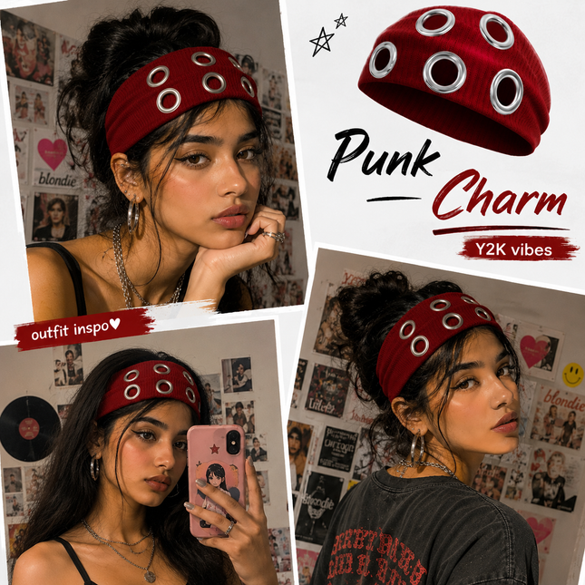 Y2K Punk Grommet Headband for Women & Girls | Wine Red Wide Knitted Band with Silver Metal Hollow Rings | Streetwear Hair Accessory (VT-25)