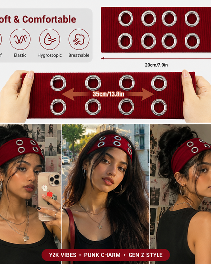 Y2K Punk Grommet Headband for Women & Girls | Wine Red Wide Knitted Band with Silver Metal Hollow Rings | Streetwear Hair Accessory (VT-25)
