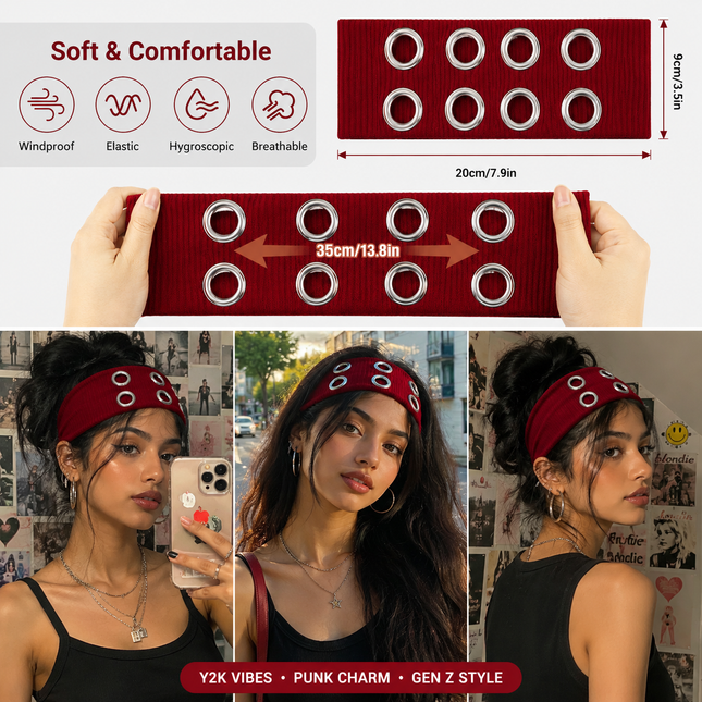 Y2K Punk Grommet Headband for Women & Girls | Wine Red Wide Knitted Band with Silver Metal Hollow Rings | Streetwear Hair Accessory (VT-25)