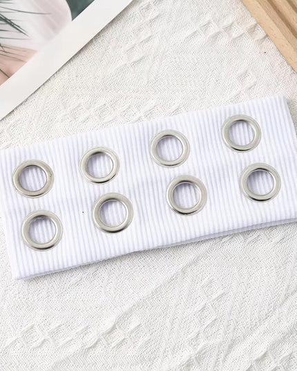 Y2K Punk Grommet Headband for Women & Girls | White Wide Knitted Band with Silver Metal Hollow Rings | Streetwear Hair Accessory (VT-26)