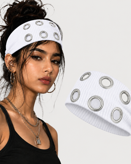 Y2K Punk Grommet Headband for Women & Girls | White Wide Knitted Band with Silver Metal Hollow Rings | Streetwear Hair Accessory (VT-26)