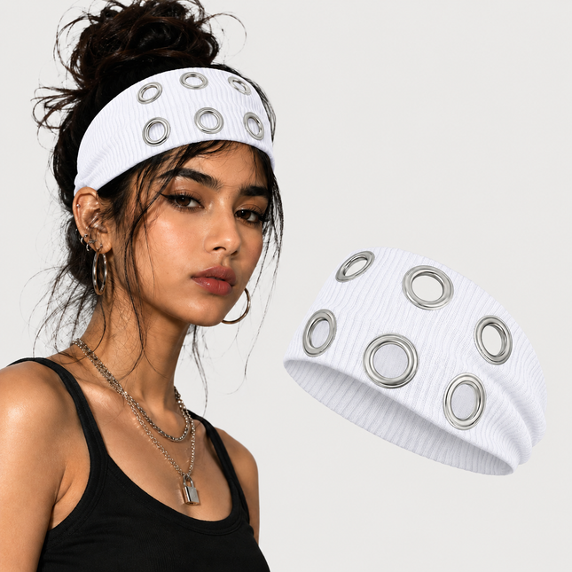 Y2K Punk Grommet Headband for Women & Girls | White Wide Knitted Band with Silver Metal Hollow Rings | Streetwear Hair Accessory (VT-26)