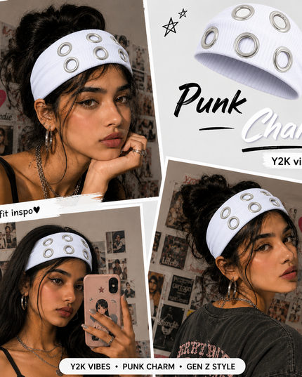 Y2K Punk Grommet Headband for Women & Girls | White Wide Knitted Band with Silver Metal Hollow Rings | Streetwear Hair Accessory (VT-26)