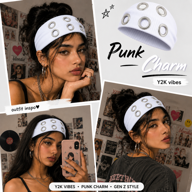 Y2K Punk Grommet Headband for Women & Girls | White Wide Knitted Band with Silver Metal Hollow Rings | Streetwear Hair Accessory (VT-26)