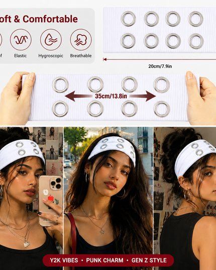 Y2K Punk Grommet Headband for Women & Girls | White Wide Knitted Band with Silver Metal Hollow Rings | Streetwear Hair Accessory (VT-26)