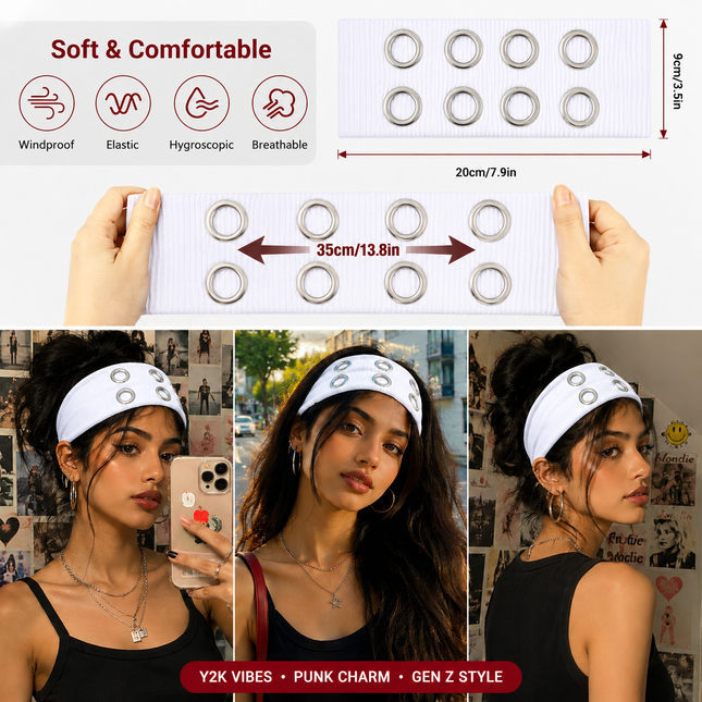 Y2K Punk Grommet Headband for Women & Girls | White Wide Knitted Band with Silver Metal Hollow Rings | Streetwear Hair Accessory (VT-26)