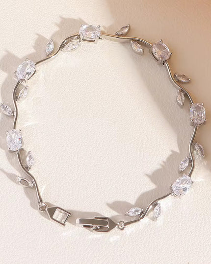 Crystal Vine Bracelet | Silver CZ Leaf Tennis Bracelet | Dainty Bridal Wrist Jewelry (VT-08)