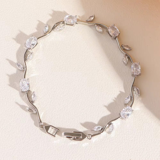 Crystal Vine Bracelet | Silver CZ Leaf Tennis Bracelet | Dainty Bridal Wrist Jewelry (VT-08)