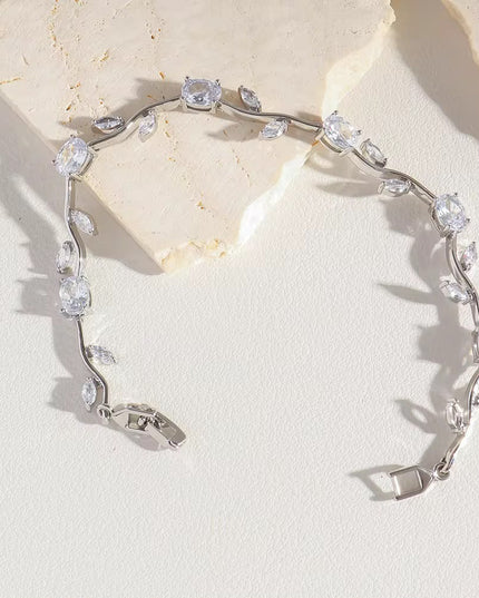 Crystal Vine Bracelet | Silver CZ Leaf Tennis Bracelet | Dainty Bridal Wrist Jewelry (VT-08)