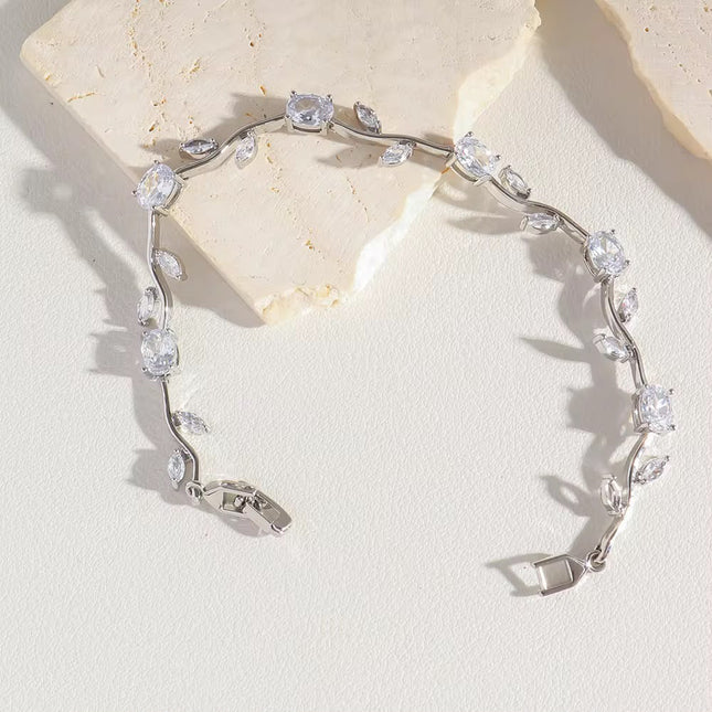 Crystal Vine Bracelet | Silver CZ Leaf Tennis Bracelet | Dainty Bridal Wrist Jewelry (VT-08)