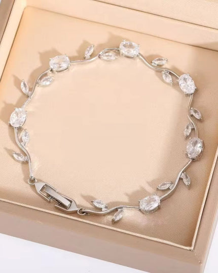 Crystal Vine Bracelet | Silver CZ Leaf Tennis Bracelet | Dainty Bridal Wrist Jewelry (VT-08)