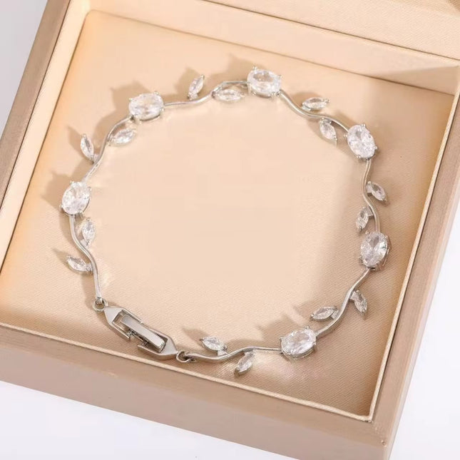 Crystal Vine Bracelet | Silver CZ Leaf Tennis Bracelet | Dainty Bridal Wrist Jewelry (VT-08)