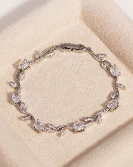Crystal Vine Bracelet | Silver CZ Leaf Tennis Bracelet | Dainty Bridal Wrist Jewelry (VT-08)