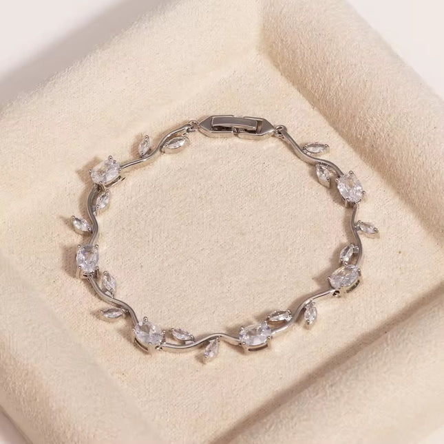 Crystal Vine Bracelet | Silver CZ Leaf Tennis Bracelet | Dainty Bridal Wrist Jewelry (VT-08)