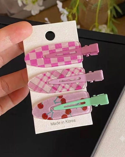 Korean Aesthetic Pink & Mint Hair Clips for Girls & Women – Acrylic Duckbill Hair Pins Set of 3 (Checkerboard, Tartan Plaid & Glitter Cherry) (VT-137)