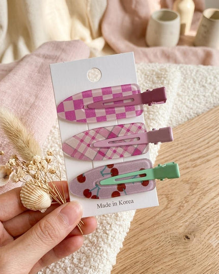 Korean Aesthetic Pink & Mint Hair Clips for Girls & Women – Acrylic Duckbill Hair Pins Set of 3 (Checkerboard, Tartan Plaid & Glitter Cherry) (VT-137)