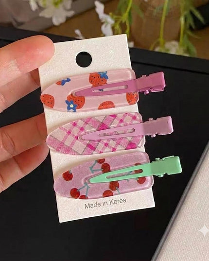 Korean Aesthetic Pastel Hair Clips for Girls & Women – Acrylic Duckbill Hair Pins Set of 3 (Strawberry, Plaid Check & Glitter Cherry) (VT-138)