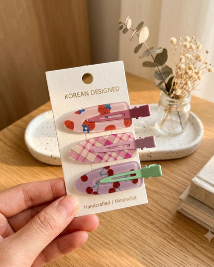 Korean Aesthetic Pastel Hair Clips for Girls & Women – Acrylic Duckbill Hair Pins Set of 3 (Strawberry, Plaid Check & Glitter Cherry) (VT-138)