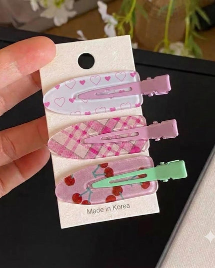 Korean Aesthetic Pastel Hair Clips for Girls & Women – Acrylic Duckbill Hair Pins Set of 3 (Pink Hearts, Plaid Check & Glitter Cherry) (VT-139)