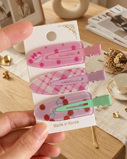 Korean Aesthetic Pastel Hair Clips for Girls & Women – Acrylic Duckbill Hair Pins Set of 3 (Polka Dot Bow, Plaid Check & Glitter Cherry) (VT-140)