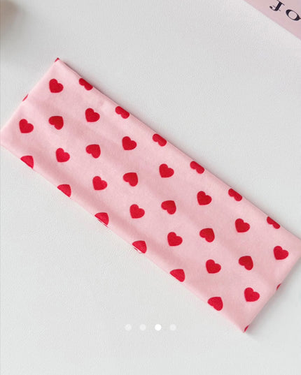 Korean Aesthetic Pink Red-Heart Printed Stretchable Wide Hair Band & Headband for Women & Girls (VT-202)