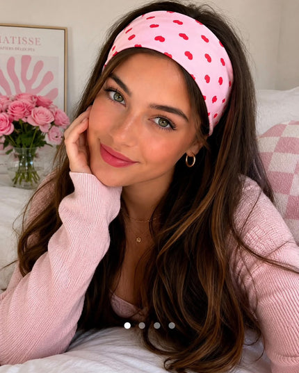 Korean Aesthetic Pink Red-Heart Printed Stretchable Wide Hair Band & Headband for Women & Girls (VT-202)
