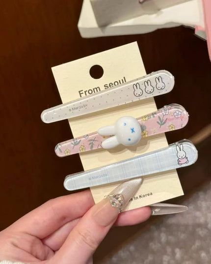 Korean Aesthetic Cute Miffy Bunny 3D & Floral Plaid Acrylic Hair Clips Set (Pack of 3) (VT-217)