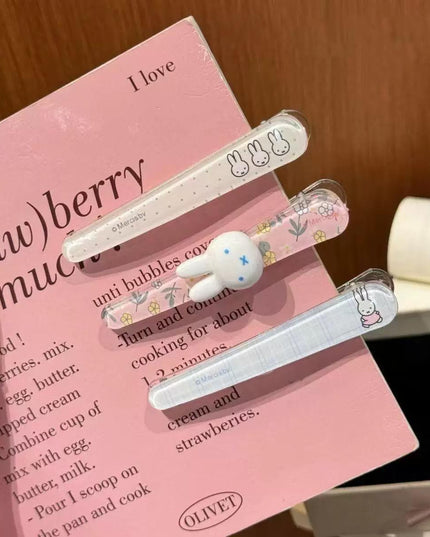 Korean Aesthetic Cute Miffy Bunny 3D & Floral Plaid Acrylic Hair Clips Set (Pack of 3) (VT-217)