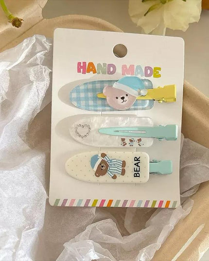 Korean Aesthetic Cute Sleeping Bear & Blue Gingham Acrylic Hair Clips Set (Pack of 3) (VT-218)