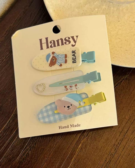 Korean Aesthetic Cute Sleeping Bear & Blue Gingham Acrylic Hair Clips Set (Pack of 3) (VT-218)