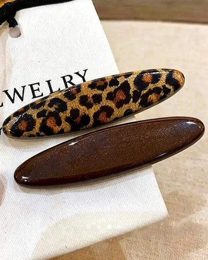 Korean Aesthetic Leopard Print & Glossy Brown Oval Acrylic Hair Clips Set (Pack of 2) (VT-205)