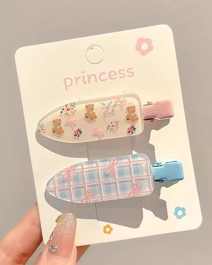 Korean Aesthetic Cute Teddy Bear & Plaid Check Acrylic Hair Clips Set (Pack of 2) (VT-214)