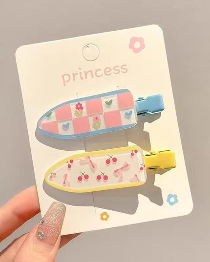 Korean Aesthetic Cute Teddy Bear & Plaid Check Acrylic Hair Clips Set (Pack of 2) (VT-215)