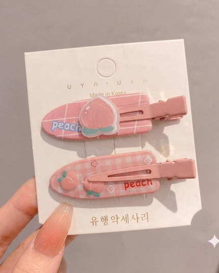 Korean Aesthetic Pink Peach Motif & Gingham Check Acrylic Hair Clips Set (Pack of 2) (VT-206)