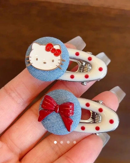 Kawaii Denim Bow & Kitty Red Polka Dot Accent Hair Clips Set (Pack of 2) (VT-208)