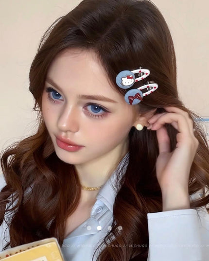 Kawaii Denim Bow & Kitty Red Polka Dot Accent Hair Clips Set (Pack of 2) (VT-208)