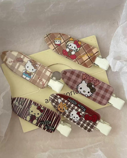 Kawaii Hello Kitty Plaid & Striped Fabric Hair Clips Set (Pack of 5) (VT-219)