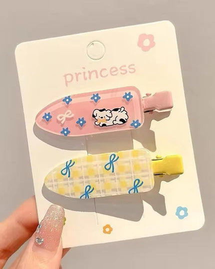 Korean Aesthetic Cute Puppy & Yellow Check Bow Acrylic Hair Clips Set (Pack of 2)(VT-211)