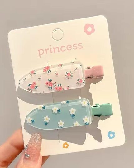 Korean Aesthetic Floral Print Acrylic Hair Clips Set (Pack of 2) (VT-212)