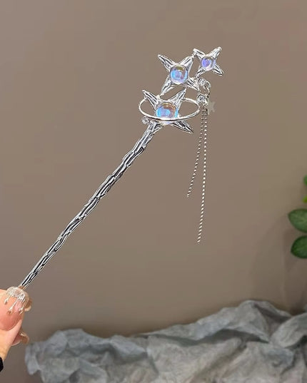 Celestial Silver-Tone Moonstone Star & Tassel Hair Stick & Chignon Pin for Women (VT-174)