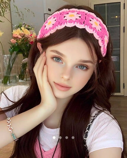 Handmade Pink Crochet Floral Headband for Women & Girls | Korean Daisy Knitted Hair Scarf Bandana with Tie-Up Straps (VT-100)