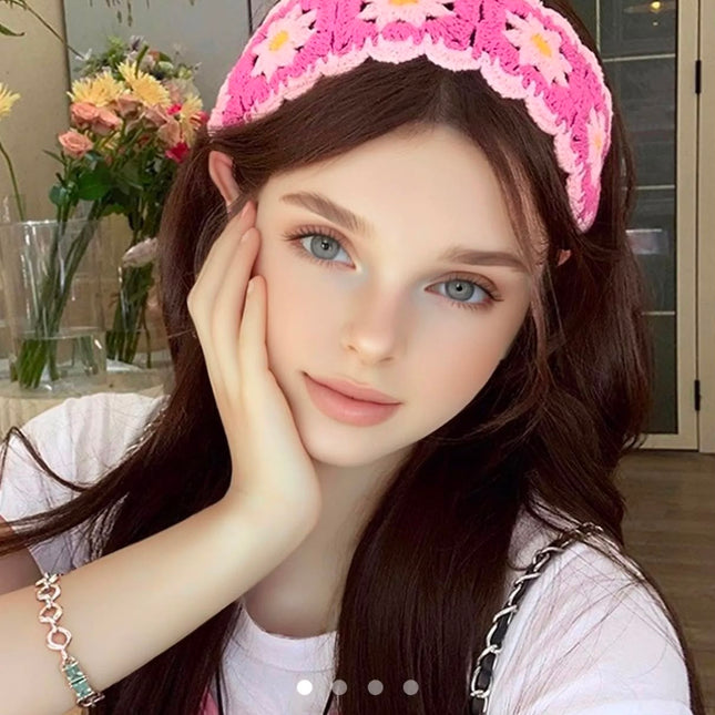 Handmade Pink Crochet Floral Headband for Women & Girls | Korean Daisy Knitted Hair Scarf Bandana with Tie-Up Straps (VT-100)