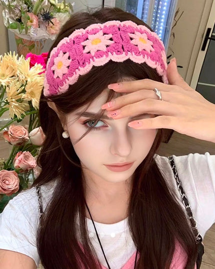 Handmade Pink Crochet Floral Headband for Women & Girls | Korean Daisy Knitted Hair Scarf Bandana with Tie-Up Straps (VT-100)