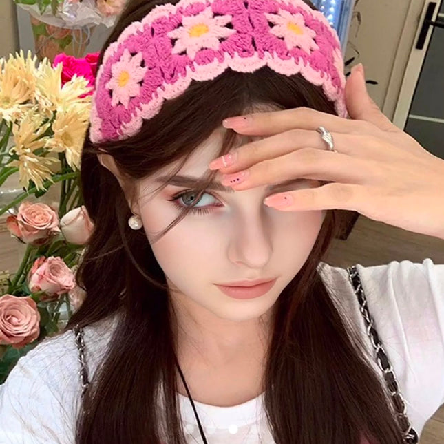 Handmade Pink Crochet Floral Headband for Women & Girls | Korean Daisy Knitted Hair Scarf Bandana with Tie-Up Straps (VT-100)