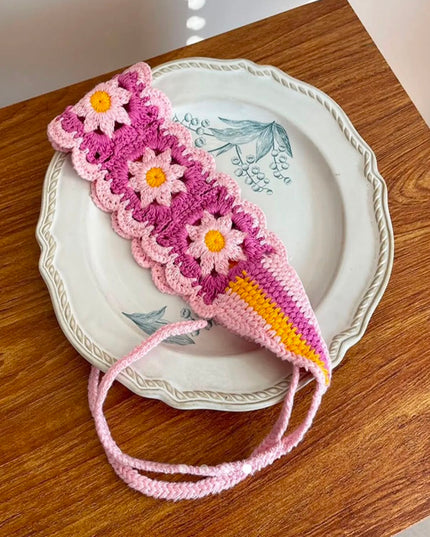 Handmade Pink Crochet Floral Headband for Women & Girls | Korean Daisy Knitted Hair Scarf Bandana with Tie-Up Straps (VT-100)