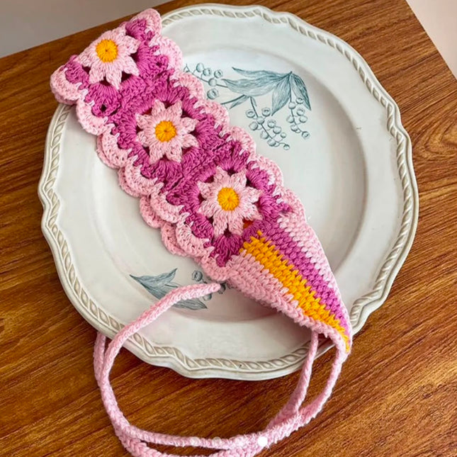 Handmade Pink Crochet Floral Headband for Women & Girls | Korean Daisy Knitted Hair Scarf Bandana with Tie-Up Straps (VT-100)